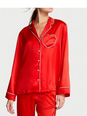 Victoria's Secret Red Satin Heart-Trim Pajama Top